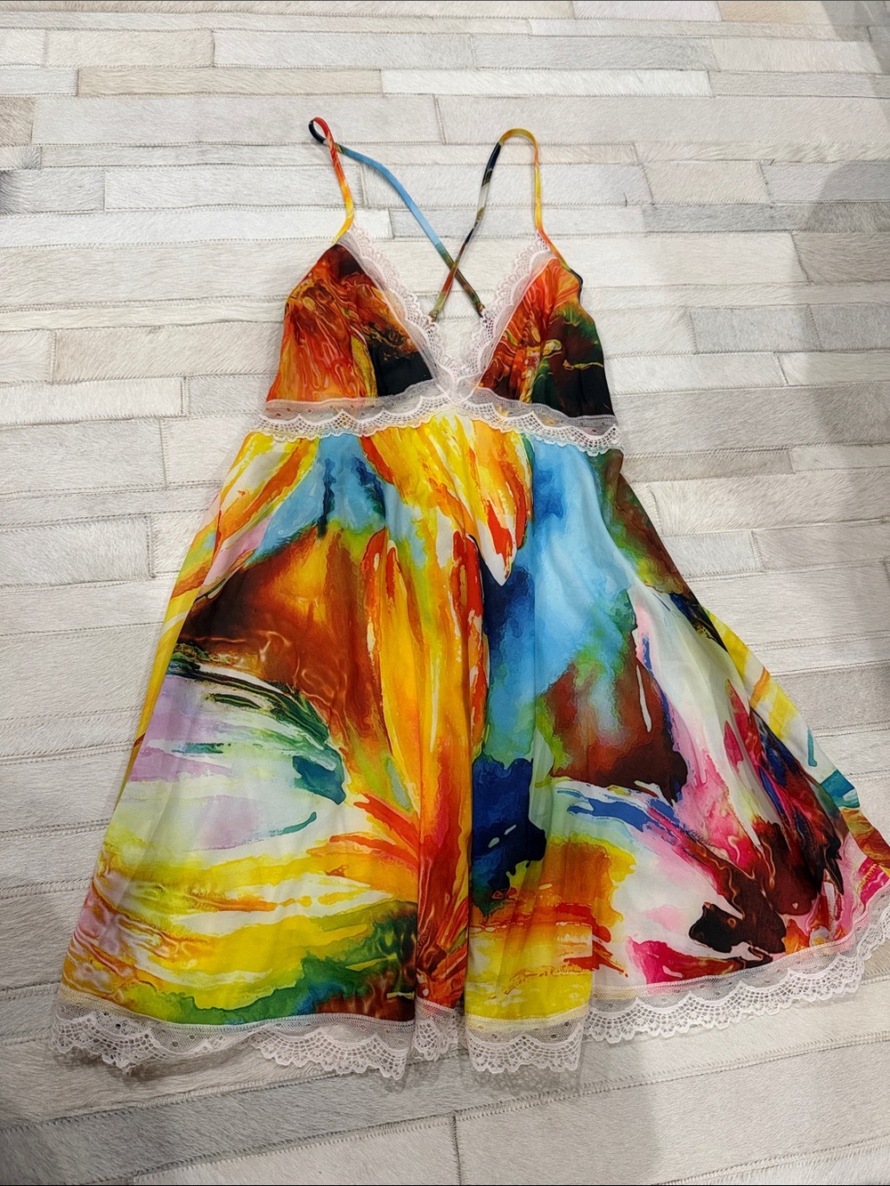 Ark & Co Multicolor Watercolor Lace-Trim Spaghetti Strap Dress